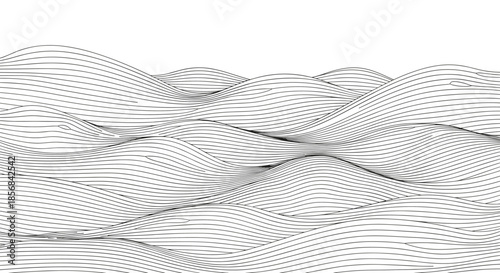 Abstract black and white landscape of rolling hills and waves, created with horizontal lines to form a 3D wireframe effect.