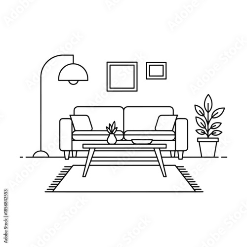 Minimalist living room with couch coffee table lamp and potted plant sofa