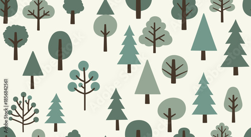 Seamless pattern of stylized trees in various simple shapes and shades of green, creating a cute and modern forest background.