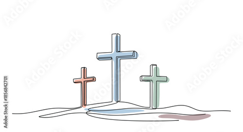 Continuous one line drawing of three christian crosses on a hill, with subtle watercolor patches for a modern, artistic effect.