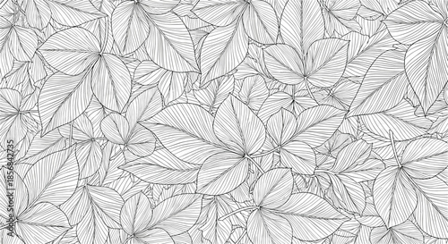 Dense and intricate seamless pattern of overlapping leaves, drawn in a detailed black and white line art engraving style.