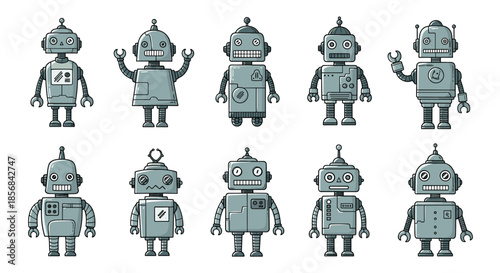 Set of ten friendly and cute cartoon robot characters in various poses and designs, illustrated in a simple, retro style.