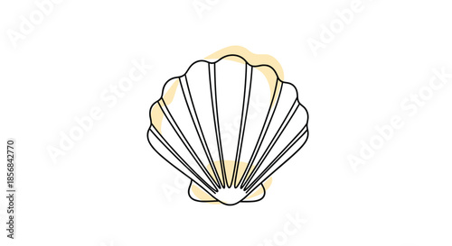 Simple line art drawing of a seashell with a soft yellow watercolor shape behind it, creating a minimalist, artistic look.