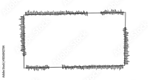 Minimalist rectangular frame with an edgy, distorted border that resembles a sound wave or glitch effect on a white background.