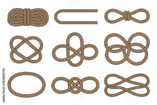 Collection of various rope forms and nautical knots illustrated on a plain white background