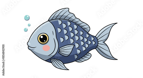 An adorable cartoon illustration of a cute blue fish with big eyes, rosy cheeks, and blowing bubbles, isolated on a white background.
