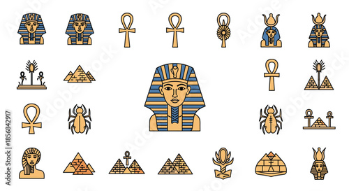 A set of colorful Ancient Egypt icons featuring pharaohs, pyramids, scarab beetles, and ankh symbols for historical and cultural designs.