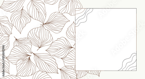 An elegant botanical background with a seamless pattern of brown line art leaves and a blank square frame for text or invitations.