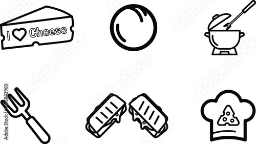 Food and cooking icons with cheese and utensils on transparent background
