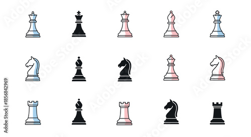 A complete set of chess piece icons, including the king, queen, rook, knight, and bishop, in both solid and colored outline styles.