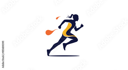 A dynamic logo design featuring the silhouette of a woman running, with colorful accents highlighting her speed and athletic movement.