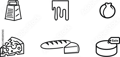 Food icons including cheese grater and bread loaf and cheese wheel