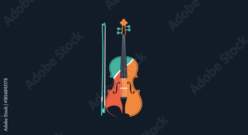 A modern and artistic vector illustration of a violin and bow with colorful abstract details, set against a simple dark background.