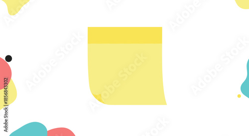 A simple yellow sticky note is centered in a frame with colorful abstract shapes, creating a playful and modern background for messages.