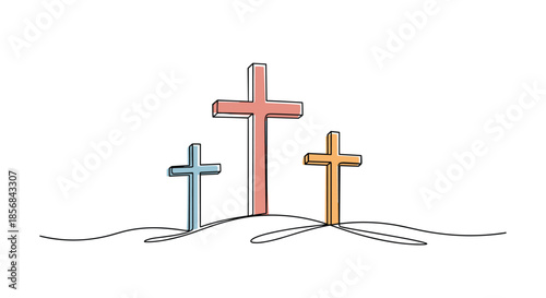 A continuous line drawing of three Christian crosses on a hill, with subtle color fills, representing Calvary and the Easter story.