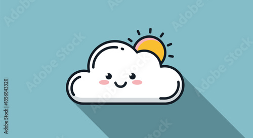 A cute kawaii-style cloud with a happy smiling face and blushing cheeks, with the sun peeking out from behind on a blue background.