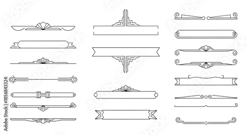 A diverse collection of elegant Art Deco style dividers, borders, and text frames in a clean black and white line art design.