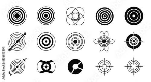A varied set of black and white target and bullseye icons, including abstract and classic designs for representing goals and accuracy.