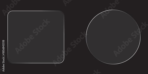 3D square and round buttons in the liquid glass style. Modern web user interface element for ui ux design. Transparent frames and buttons. Vector illustration.