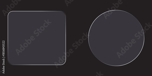 3D square and round buttons in the liquid glass style. Modern web user interface element for ui ux design. Transparent frames and buttons. Vector illustration.