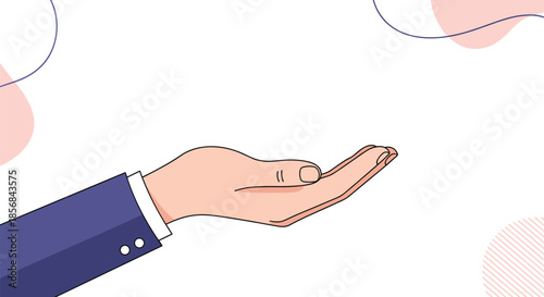 An illustration of an outstretched open palm in a business suit, gesturing to give or receive, against a soft, abstract background.