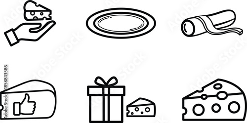 line drawing icons of cheese and food related objects on white background