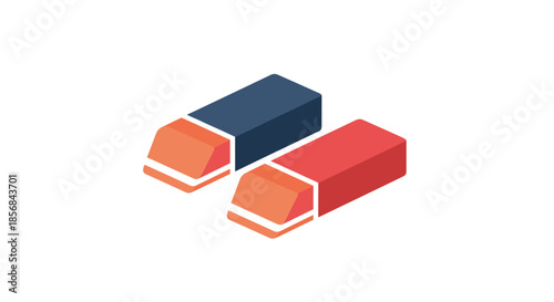A simple and modern isometric illustration of two erasers in red and blue, representing school supplies, correction, and office tools.