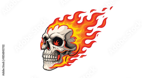 A fierce and detailed illustration of a flaming skull with fiery hair, perfect for tattoos, decals, and heavy metal-themed designs.