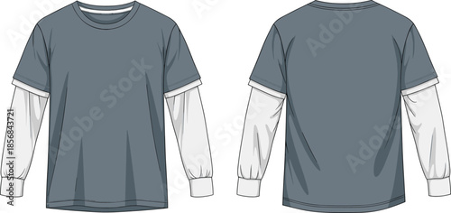Layered t shirt long sleeve front and back view, casual streetwear apparel cad drawing flat vector illustration