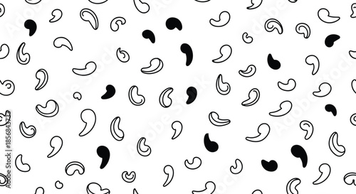 Seamless black and white pattern featuring randomly scattered, hand-drawn comma punctuation marks in both solid and outline styles for backgrounds.