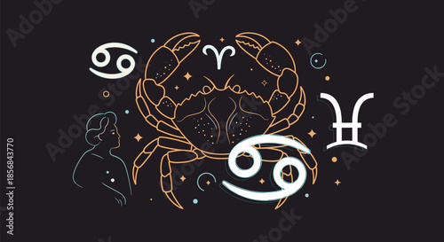 Esoteric astrology illustration of the Cancer zodiac sign featuring a celestial crab, symbols, and stars in a fine line art style.