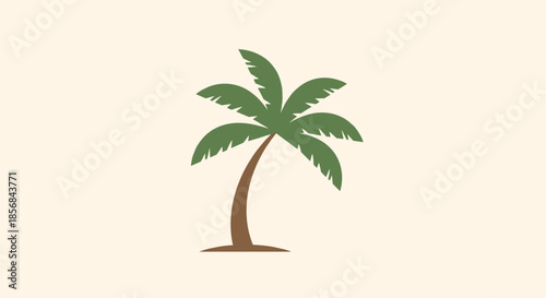 Simple flat design vector icon of a tropical palm tree with a curved brown trunk and green leaves on a beige background.