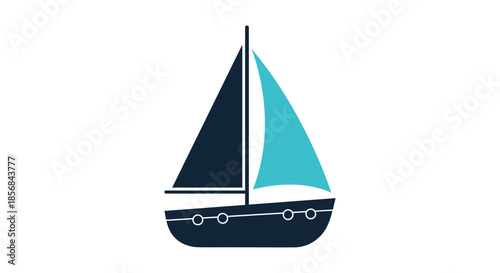 Minimalist flat design icon of a two-toned blue sailboat or yacht, representing travel, the sea, and leisure activities.