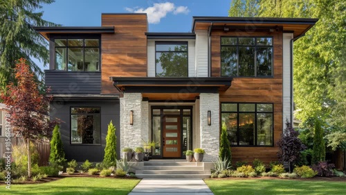 Wallpaper Mural Modern house with wood and stone exterior located in a suburban neighborhood surrounded by trees and plants on a sunny day Torontodigital.ca