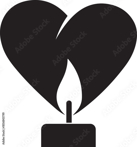 Black heart shape with a lit candle flame inside and a crack on the left side fire light
