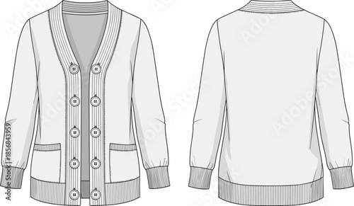 Women cardigan sweater front and back view, apparel technical design cad drawing flat vector illustration fashion template knitwear clothing mockup