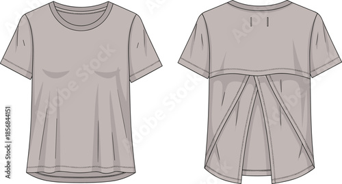 Women short sleeve top front and back view, apparel cad drawing flat vector illustration, fashion technical design clothing template