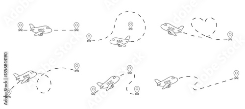 Hand drawn airplane route icons with dashed flight paths and map pins. Minimal travel illustration set for tourism, journey concepts, websites, apps, presentations and infographics.