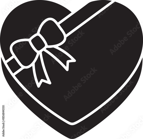 Black heart shaped gift box with white ribbon and bow silhouette present