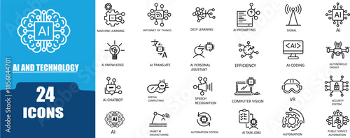 Artificial Intelligence (AI) and Future Technology line icon set featuring symbols for chatbot, machine learning and data science. Vector illustration. Editable stroke