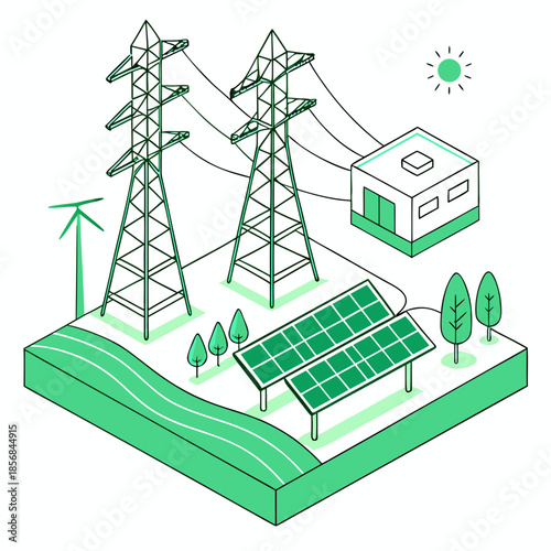 An isometric illustration depicting a sustainable energy landscape with solar panels power lines and a substation
