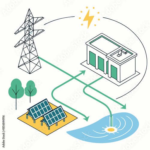 Illustration depicting a power grid system with solar panels a substation water source and electricity flow