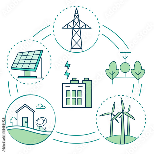 Visualizing sustainable energy sources solar panels wind turbines power lines buildings and nature in a circular diagram
