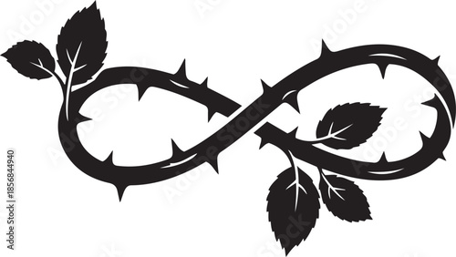 Black infinity symbol formed by thorny rose branches with serrated leaves thorns black and white
