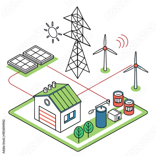Isometric illustration displaying sustainable energy sources like solar panels wind turbines and power lines connected to a building