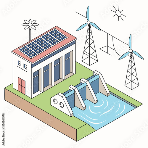 Illustrative depiction of a sustainable energy complex featuring solar panels wind turbines and hydroelectric power generation