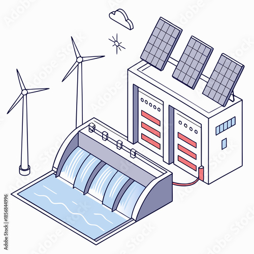 A colorful illustration depicts various renewable energy sources including wind solar and hydroelectric power generation facilities