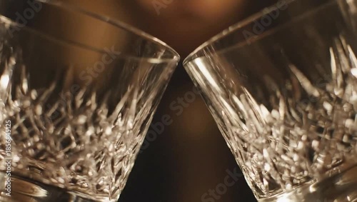 Elegant Toast: Two exquisite crystal glasses touch in a gesture of celebration, friendship and camaraderie against a warm, intimate backdrop. 