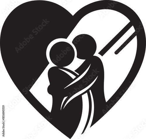 Black silhouette of two figures embracing within a heart shape with white negative space love embrace