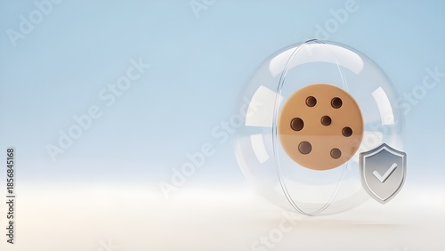 Minimal 3D Cookie Icon in Transparent Safety Dome with Shield Badge, Modern Privacy Concept, Soft Gradient Background, 8K